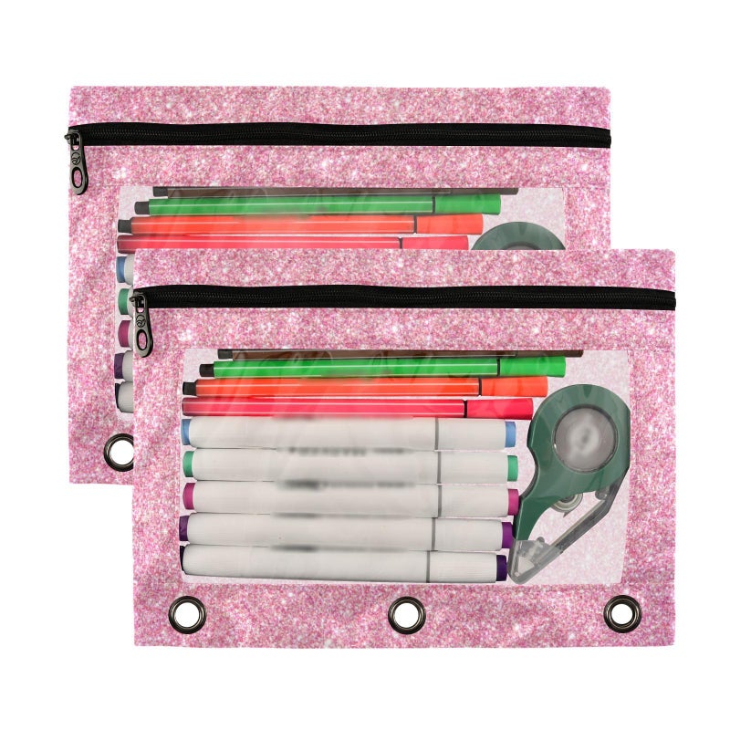 Kcldeci Pencil Pouch for 3 Ring Binder  Pink Glitter Binder Pouches with Zipper Bulk  Pen Holder Case with Clear Window School Class Office Organizers  2Pack - Image 2